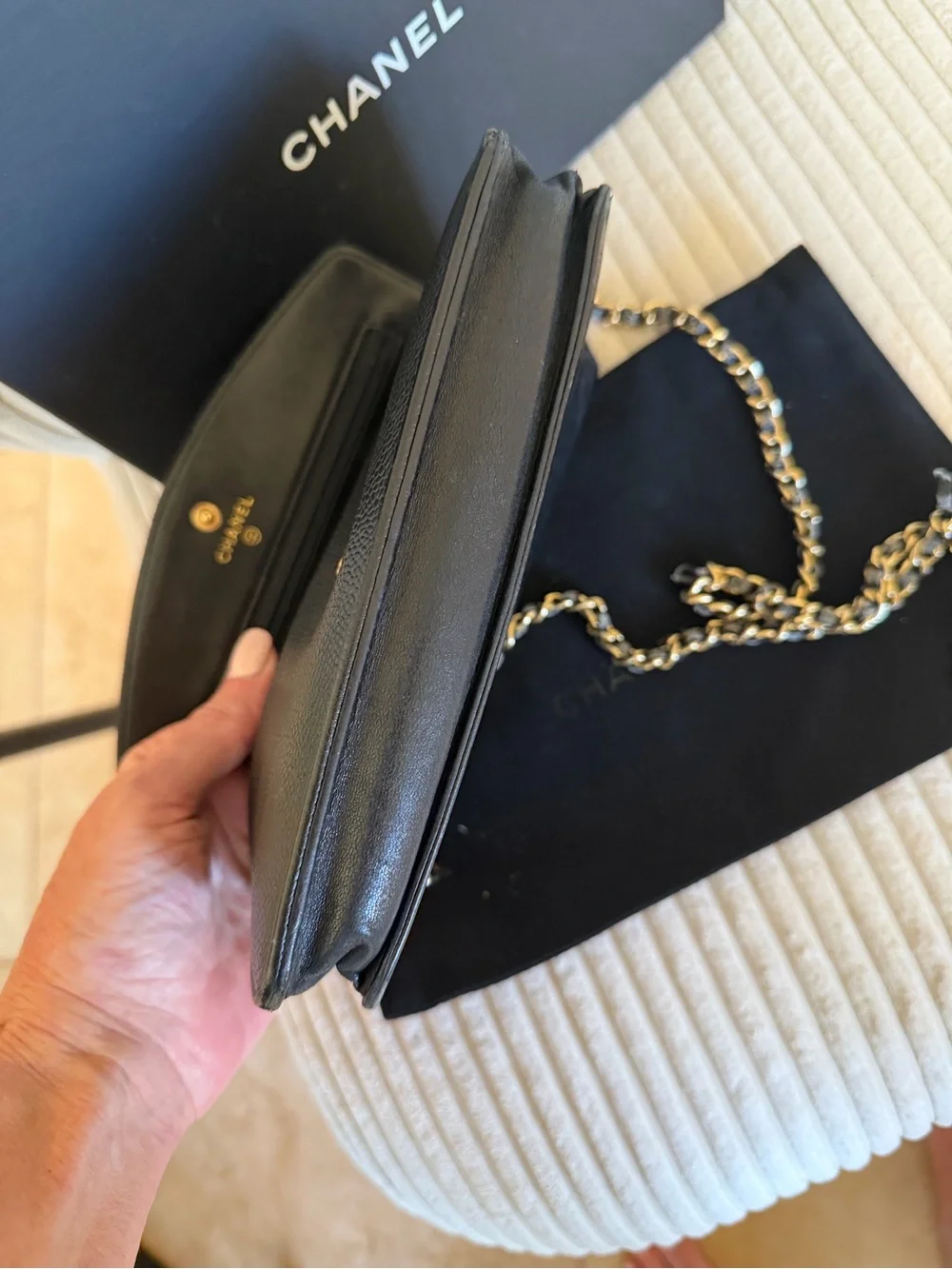 Vintage CHANEL caviar leather bag, suede dust bag, box and authenticity card 8x5